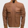 Mens Tan Brown Quilted Bomber Jacket
