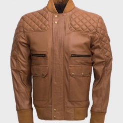Mens Tan Brown Quilted Bomber Jacket