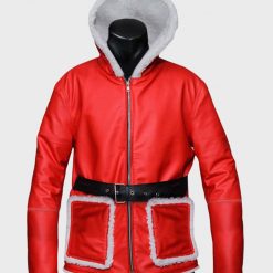 Mens Red Hooded Leather Jacket