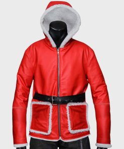 Mens Red Hooded Leather Jacket