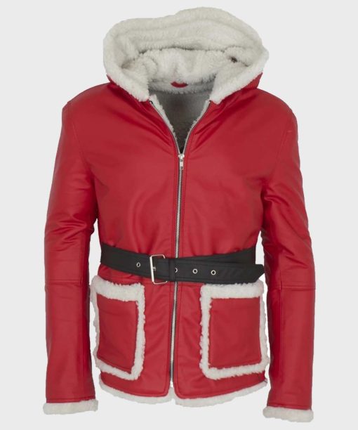 Mens Red Hooded Leather Coat