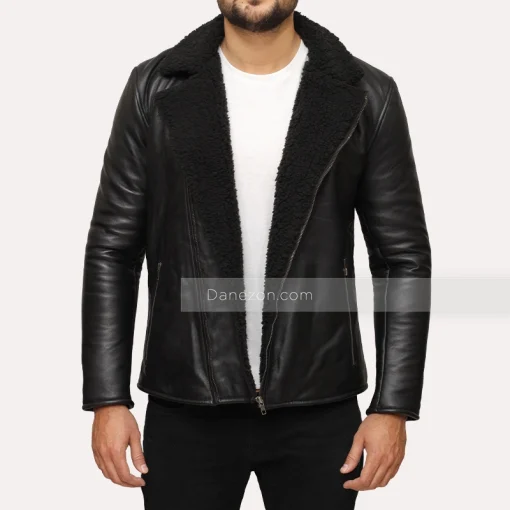 Mens shearling black leather jacket