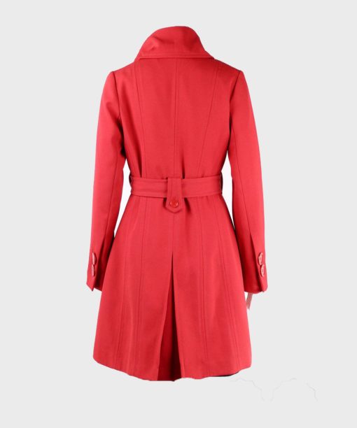 Womens Belted Double-Breasted Red Coat