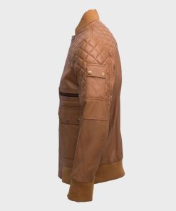 Mens Tan Quilted Leather Bomber Jacket