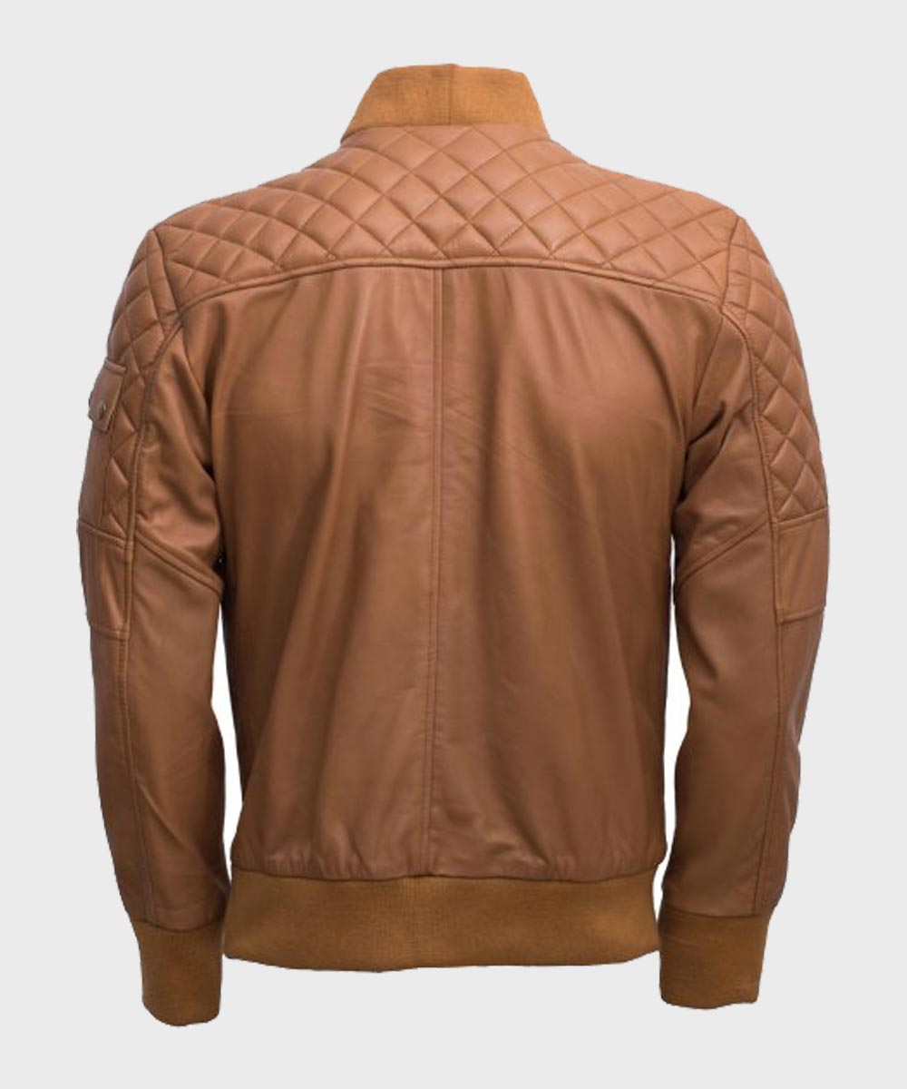 Mens Quilted Tan Brown Bomber Leather Jacket for Winter Outfits