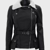 Womens Black Belted Shearling Leather Jacket