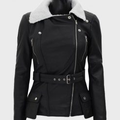 Womens Black Belted Shearling Leather Jacket