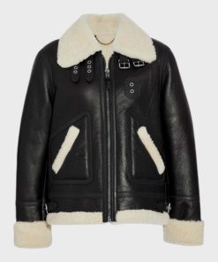Black Leather Womens Aviator Ivory Shearling Jacket
