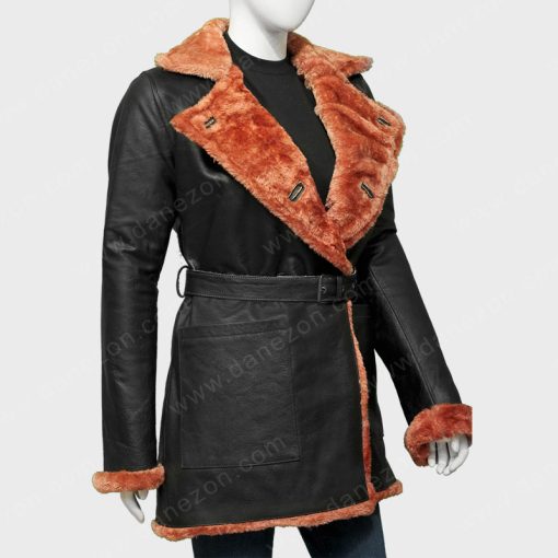 Womens Shearling Belted Black Coat