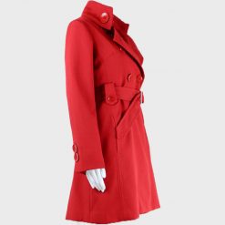 Womens Mid-Length Red Belted Coat