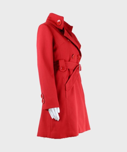 Womens Mid-Length Red Belted Coat
