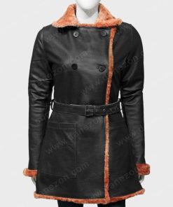 Womens Belted Black Leather Shearling Coat for Sale