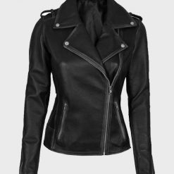Womens Black Biker Asymmetrical Leather Jacket