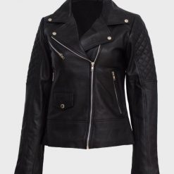 Womens Quilted Shoulder Black Motorcycle Leather Jacket