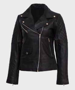 Womens Quilted Shoulder Black Motorcycle Leather Jacket
