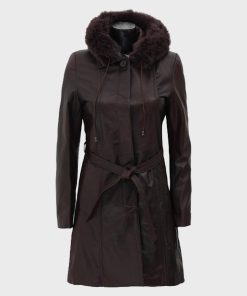 Dark Brown Fur Hooded Leather Coat for Women's