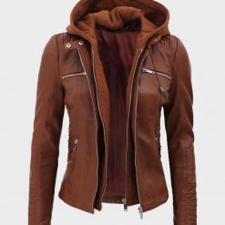 Womens Brown Biker Leather Jacket with Hood