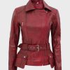 Womens Maroon Motorcycle Belted Leather Jacket