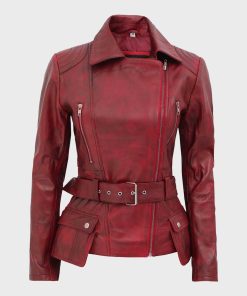 Womens Maroon Motorcycle Belted Leather Jacket