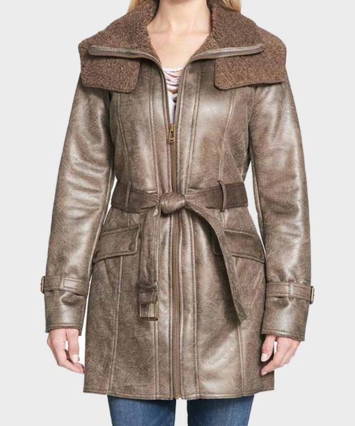 Womens Faux Shearling Mid-Length Duster Coat