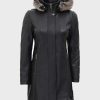 Womens Black Faux Shearling Collar Leather Coat
