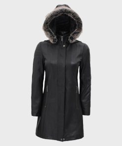 Women's Black Leather Faux Fur Hooded Coat