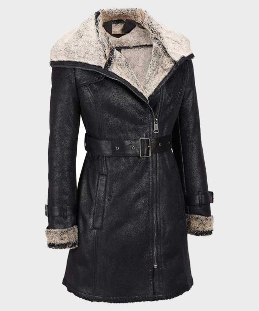 Womens Shearling Black Belted Mid-Length Coat
