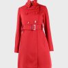 Womens Red Belted Double-Breasted Coat