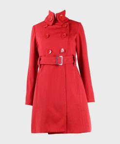 Womens Red Belted Double-Breasted Coat