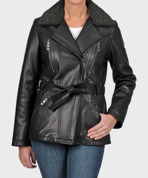 Womens Shearling Leather Black Belted Jacket