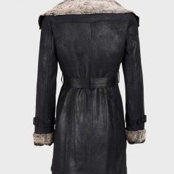 Womens Shearling Black Belted Mid-Length Leather Coat