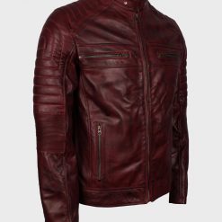 Mens Cafe Racer Maroon Waxed Leather Jacket