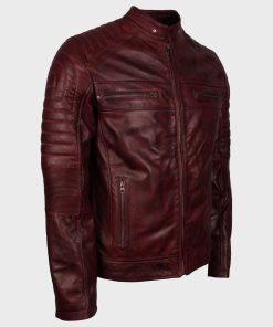 Mens Cafe Racer Maroon Waxed Leather Jacket