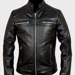 Mens Biker Leather Cafe Racer Black Jacket