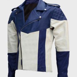 Men's Blue and White Motorcycle Leather Jacket