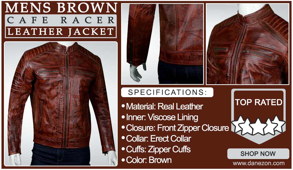 Mens Brown Cafe Racer Leather Jacket