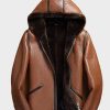 Mens Sheepskin Brown Hooded Shearling Leather Jacket