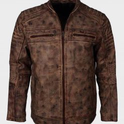 Distressed Brown Cafe Racer Waxed Leather Jacket for Mens