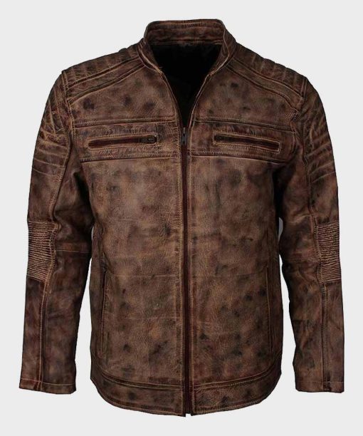 Distressed Brown Cafe Racer Waxed Leather Jacket for Mens