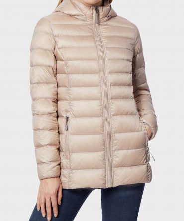 Womens Hooded Down Puffer Cream Color Jacket for Winter Outfits
