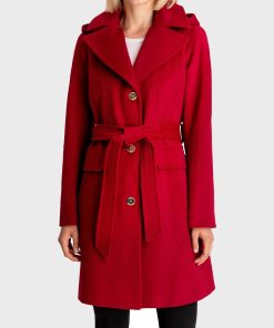 Red Hooded Womens Belted Coat