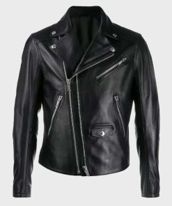 Double-Zip Black Biker Leather Jacket