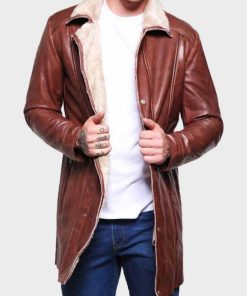 Men's Mid-Length Brown Shearling Leather Coat