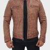 Men's Cafe Racer Tan Brown Distressed Leather Jacket