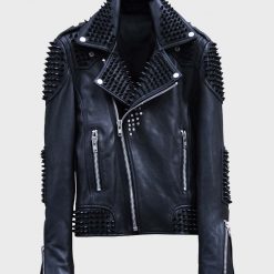 Mens Studded Biker Black Leather Jacket