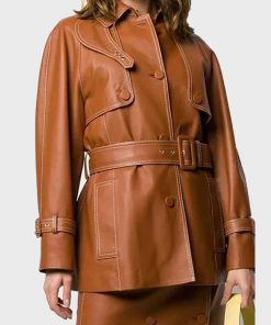 Women's Leather Brown Belted Coat