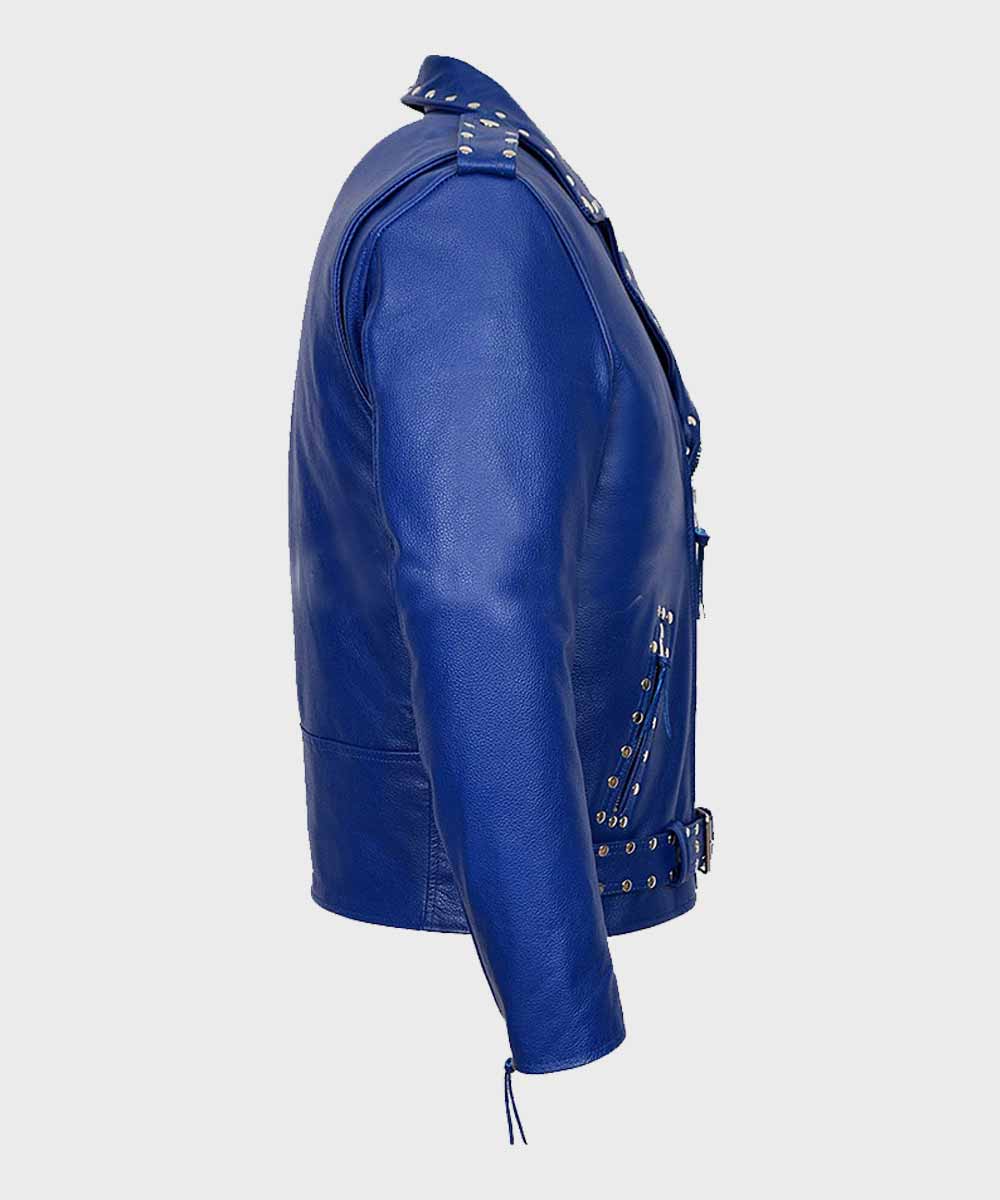 Blue Motorcycle Studded Leather Jacket | Blue Leather Studded Jacket