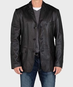 Black Leather Buttoned Blazer