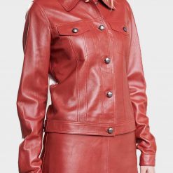 Womens Red Leather Buttoned Jacket
