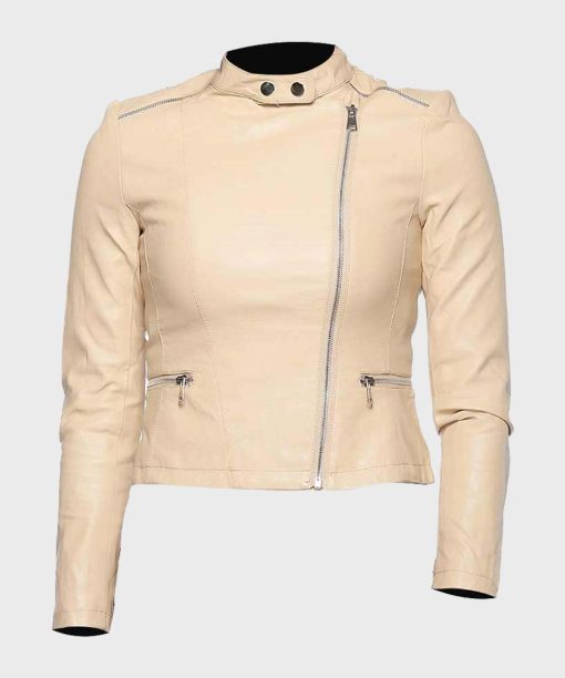 Womens Classic Beige Motorcycle Leather Jacket